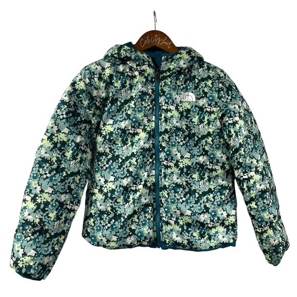 The North Face Reversible Puffer Jacket Floral Green 600 Fill Hooded Girls Large - Picture 1 of 13